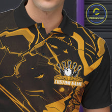 Load image into Gallery viewer, Left chest close-up of a bowling polo with black and yellow cracked geometric linework.