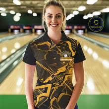Load image into Gallery viewer, Female model at a bowling lane wearing a black and yellow polo with futuristic geometric graphics.
