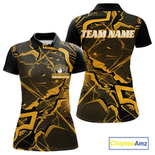 Load image into Gallery viewer, Front and back womens black and yellow bowling polo featuring a cracked geometric pattern and angular design.