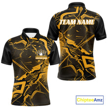 Load image into Gallery viewer, Front and back mens bowling polo featuring black and yellow cracked geometric graphics with angular lines.