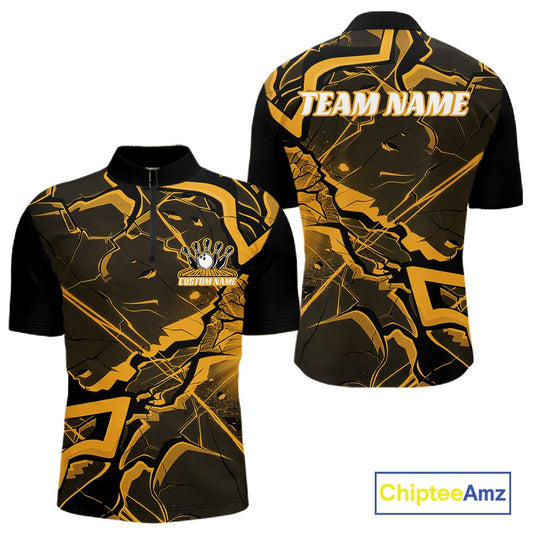 Front and back mens black and yellow bowling quarter-zip featuring a cracked geometric pattern and bold angular styling.
