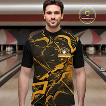 Load image into Gallery viewer, Male model at a bowling lane wearing a black and yellow quarter-zip with futuristic cracked geometric graphics.