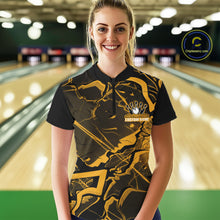 Load image into Gallery viewer, Female model at a bowling alley wearing a black and yellow quarter-zip with futuristic geometric graphics.