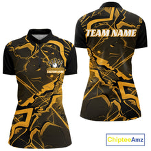 Load image into Gallery viewer, Front and back views of a womens bowling quarter-zip featuring a black and yellow cracked geometric pattern and modern angular styling.