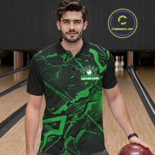Load image into Gallery viewer, Male model wearing a bowling polo in a bowling lane featuring black and green cracked geometric artwork.