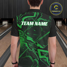 Load image into Gallery viewer, Back view of a mens bowling polo showcasing black and green angular line graphics with a futuristic style.