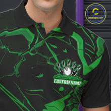 Load image into Gallery viewer, Close-up left chest view of a bowling polo with black and green cracked geometric pattern details.