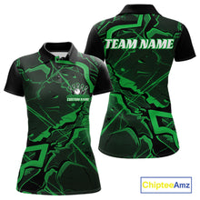 Load image into Gallery viewer, Front and back womens bowling polo featuring a black and green cracked geometric pattern with futuristic angular lines.