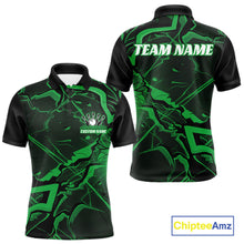 Load image into Gallery viewer, Front and back mens bowling polo with black and green cracked geometric pattern and futuristic angular lines.