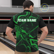 Load image into Gallery viewer, Front view of a mens black and green bowling quarter-zip displaying futuristic angular line graphics.