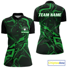 Load image into Gallery viewer, Front and back womens bowling quarter-zip mockup with a black and green cracked geometric pattern and futuristic angular design.