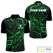 Load image into Gallery viewer, Front and back mens black and green bowling quarter-zip featuring a cracked geometric pattern with angular futuristic lines.