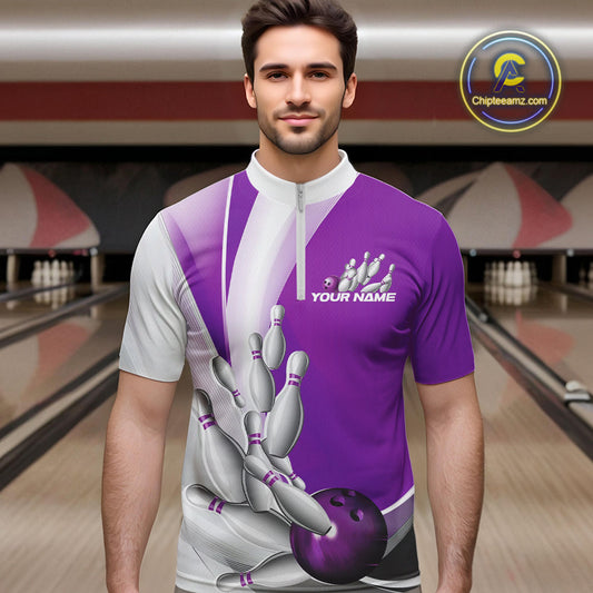 Custom Purple Bowling Quarter-Zip Shirts For Men, Bowling Team Shirt Bowlers Outfit IPHW9231