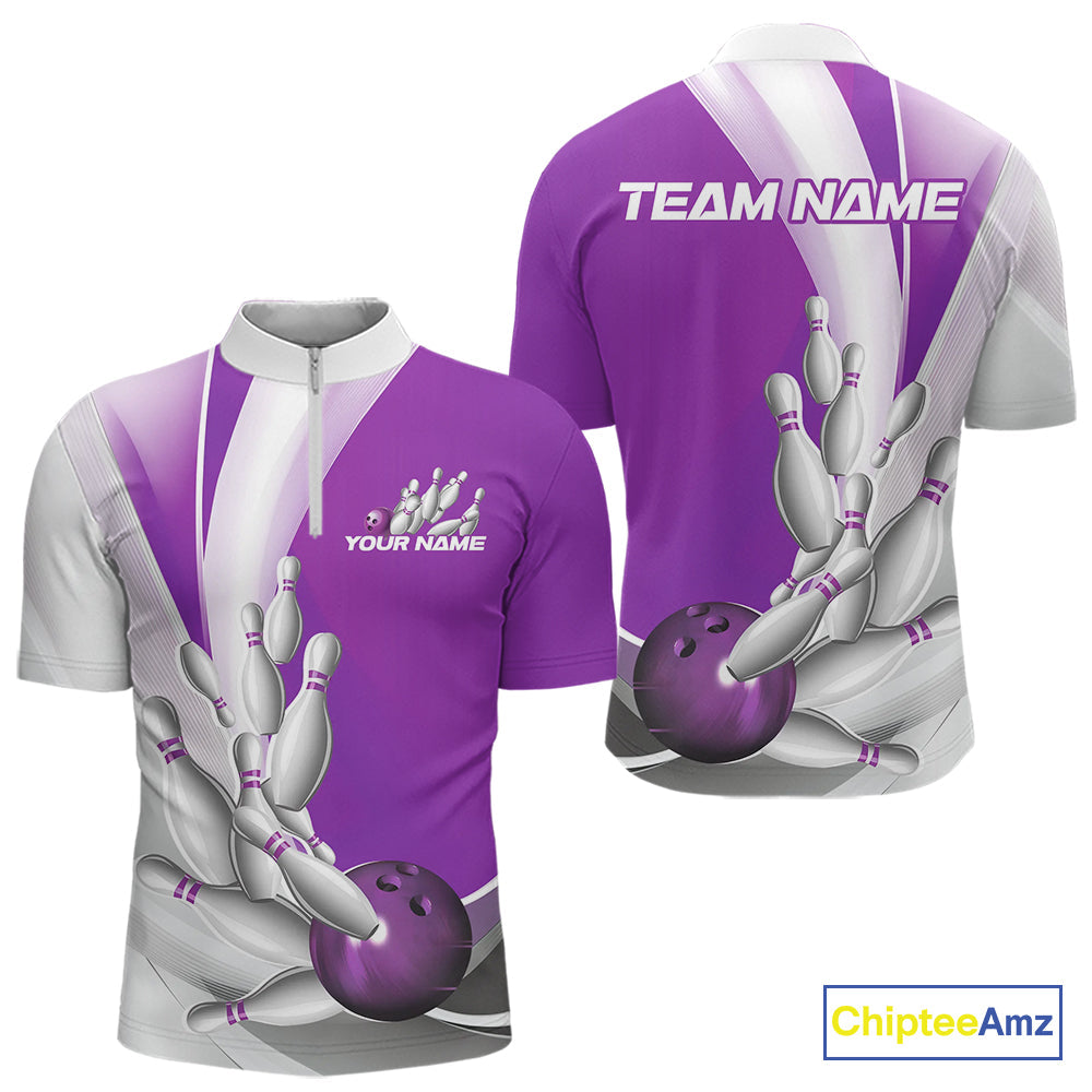 Custom Purple Bowling Quarter-Zip Shirts For Men, Bowling Team Shirt Bowlers Outfit IPHW9231