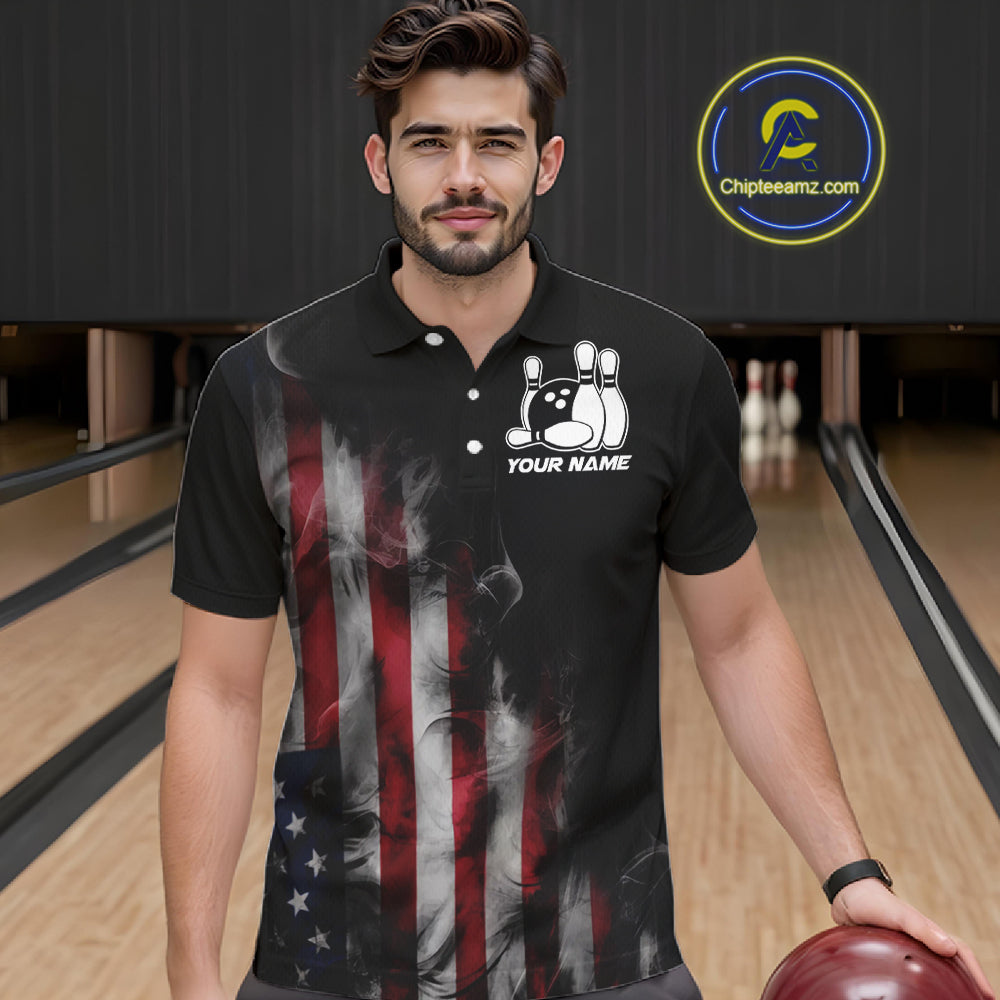 Smoke American Flag Custom Patriotic Bowling Shirts For Men, US Bowling Team Shirt Bowlers IPHW7585