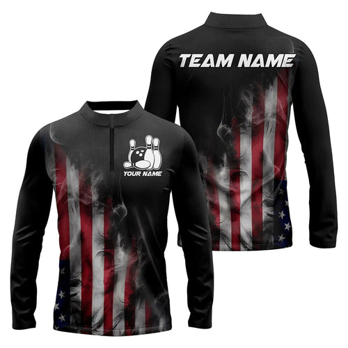 Smoke American Flag Custom Patriotic Bowling Long Sleeve Quarter-Zip Shirt For Men, US Bowling Shirt IPHW7585