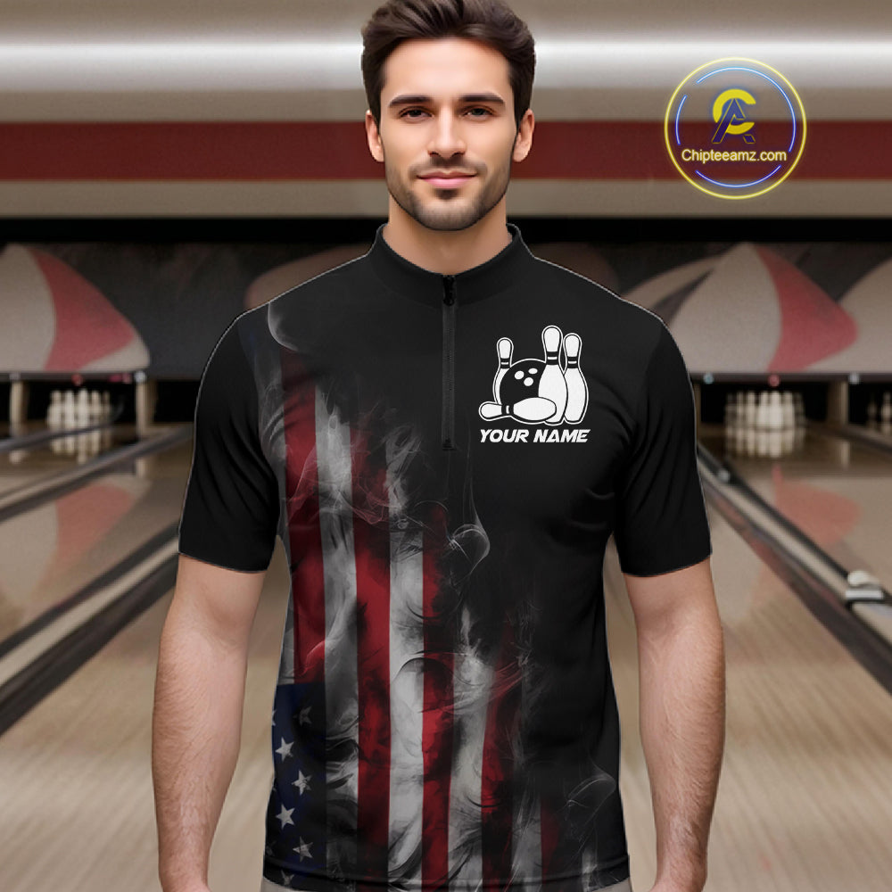 Smoke American Flag Custom Patriotic Bowling Shirts For Men, US Bowling Team Shirt Bowlers IPHW7585
