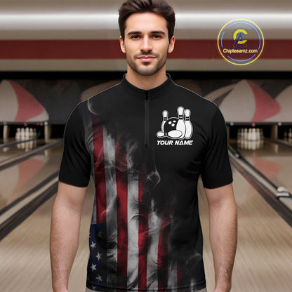 Smoke American Flag Custom Patriotic Bowling Shirts For Men, US Bowling Team Shirt Bowlers IPHW7585
