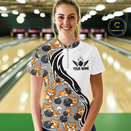 Custom Cute Funny Ginger Tabby Cat Bowling Women Quarter-Zip Shirts, Bowling Team Shirt IPHW10316