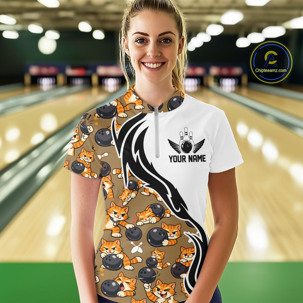 Custom Cute Funny Ginger Tabby Cat Bowling Women Quarter-Zip Shirts, Bowling Team Shirt IPHW10317