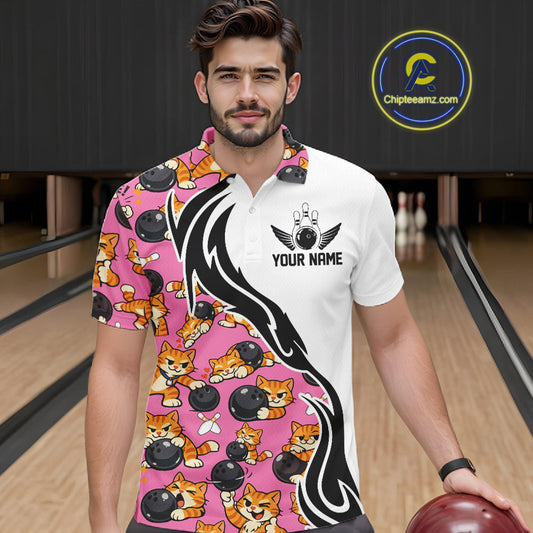 Custom Cute Funny Ginger Tabby Cat Bowling Men Polo Shirts, Cat Bowling Team Shirt IPHW10319