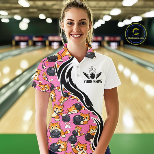 Custom Cute Funny Ginger Tabby Cat Bowling Women Polo Shirts, Cat Bowling Team Shirt IPHW10319