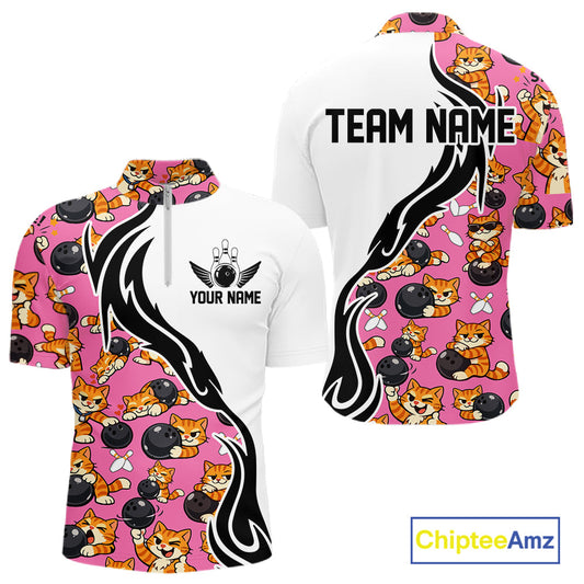 Custom Cute Funny Ginger Tabby Cat Bowling Men Quarter-Zip Shirts, Cat Bowling Team Shirt IPHW10319