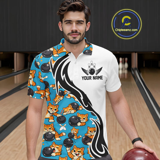 Custom Cute Funny Ginger Tabby Cat Bowling Men Polo Shirts, Cat Bowling Team Shirt IPHW10320