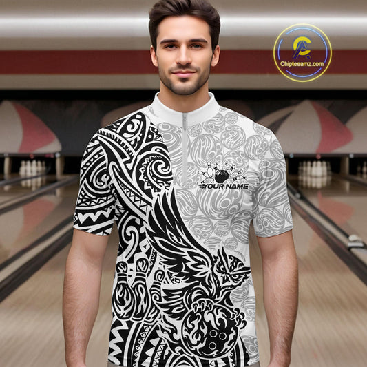Custom Black And White Tribal Tattoo Pattern Polynesian Owl Bowling Men Quarter-Zip Shirts IPHW10333