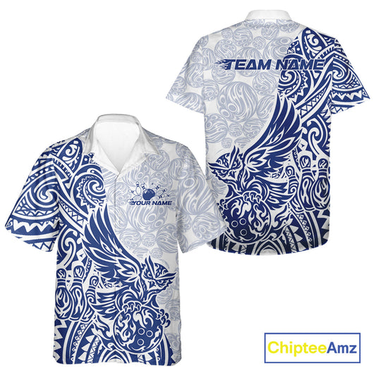 Custom Blue Tribal Tattoo Pattern Polynesian Owl Bowling Men And Women Hawaiian Shirts IPHW10334