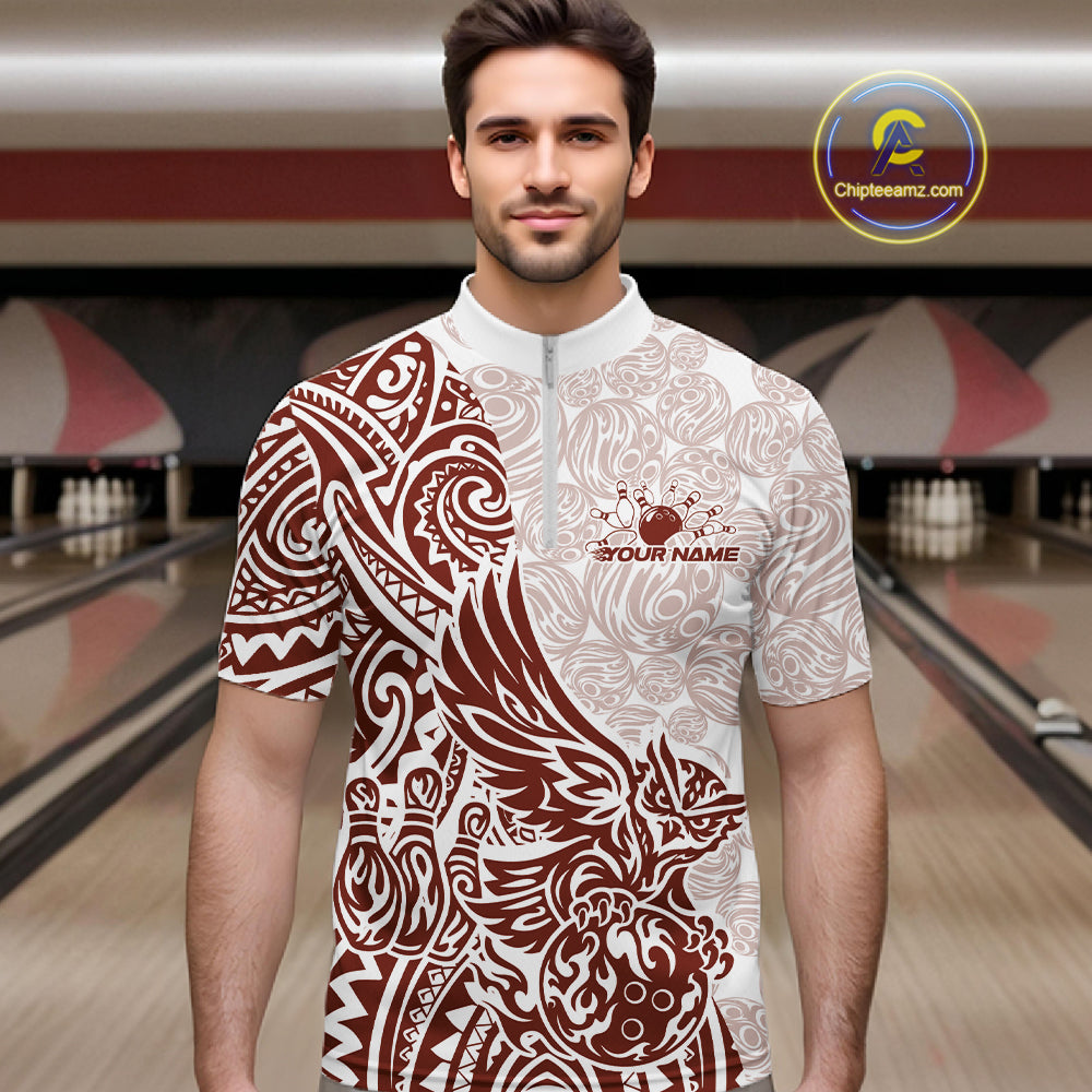 Custom Red Brown Tribal Tattoo Pattern Polynesian Owl Bowling Men Quarter-Zip Shirts IPHW10335