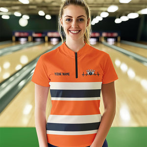 Custom Classic Retro Orange Bowling Womens Quarter-Zip Shirts, Bowling Team Shirt With Name IPHW8531