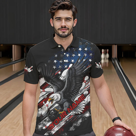 Personalized American Flag Eagle Men Bowling Polo Shirts, Patriotic US Bowling League Shirt  IPHW8731