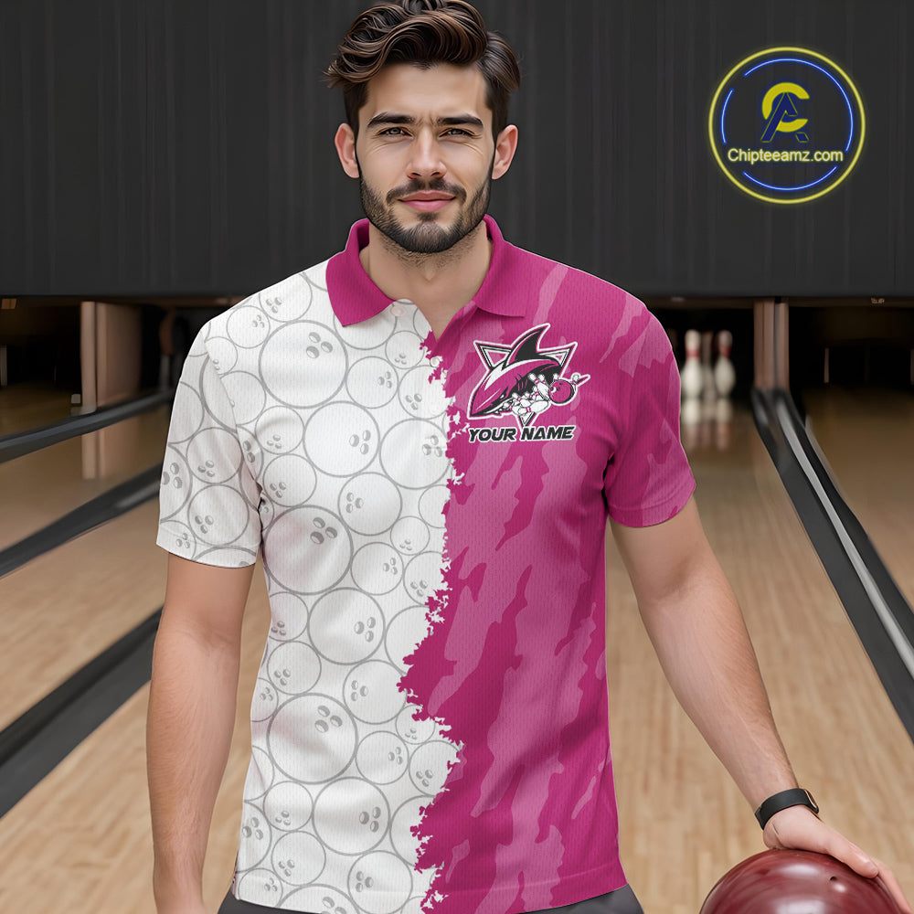 Custom White And Pink Shark Bowling Polo Shirts For Men, Shark Bowling League Shirt IPHW8992