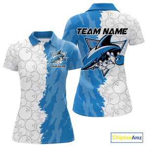 Custom White And Blue Shark Bowling Polo Shirts For Women, Shark Bowling League Shirt IPHW8993