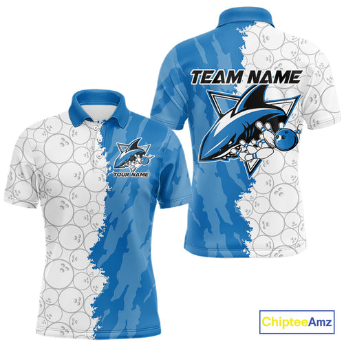 Custom White And Blue Shark Bowling Polo Shirts For Men, Shark Bowling League Shirt IPHW8993