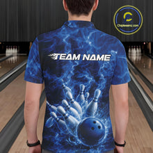 Load image into Gallery viewer, Back view of a mens bowling polo displaying a blue bowling ball striking pins against flames.