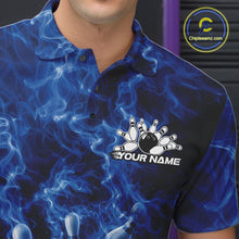 Load image into Gallery viewer, Left chest detail of a bowling polo featuring a blue bowling ball hitting pins with flame accents.