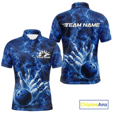 Load image into Gallery viewer, Front and back mens bowling polo featuring a blue bowling ball crashing through pins with dramatic flames.