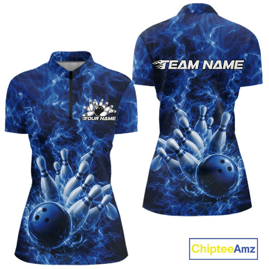 Front and back views of a womens bowling quarter-zip showcasing a blue bowling ball crashing through pins with fiery details.