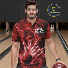 Load image into Gallery viewer, Male model wearing a bowling polo in a bowling lane with red bowling ball strike artwork and flames.