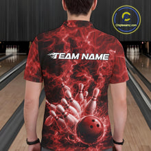 Load image into Gallery viewer, Back view of a mens bowling polo showcasing a red bowling ball knocking down pins with flame accents.