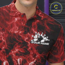 Load image into Gallery viewer, Close-up left chest graphic of a bowling polo featuring a red bowling ball crashing through pins.