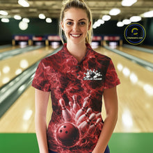 Load image into Gallery viewer, Female model wearing a bowling polo at the bowling lane with red bowling ball strike artwork and flame accents.