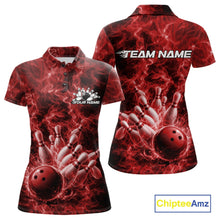 Load image into Gallery viewer, Front and back womens bowling polo featuring a red bowling ball crashing through pins with a fiery background.