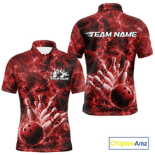 Load image into Gallery viewer, Front and back mens bowling polo featuring a red bowling ball crashing through pins against a fiery background.