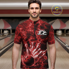 Load image into Gallery viewer, Male model at the bowling lane wearing a quarter-zip with red bowling ball strike artwork and flame accents.