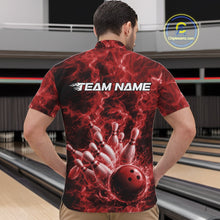 Load image into Gallery viewer, Front view of a mens quarter-zip displaying a red bowling ball knocking down pins against a fiery background.