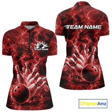 Load image into Gallery viewer, Front and back womens bowling quarter-zip featuring a red bowling ball crashing through bowling pins with blazing flames.