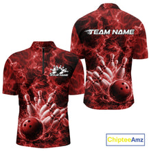 Load image into Gallery viewer, Front and back mens bowling quarter-zip featuring a red bowling ball crashing through bowling pins with blazing flames.